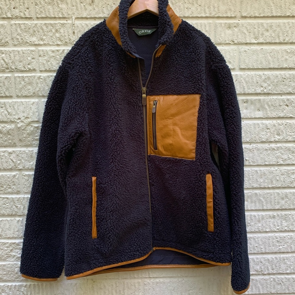 Orvis Deep Pile Fleece Jacket Leather Details SZ L